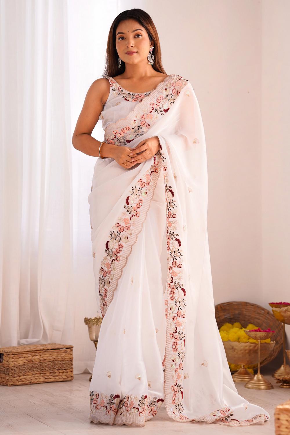 Kara White Organza Embellished Ready to Wear One Minute Saree