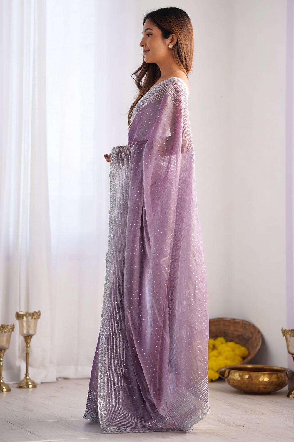 Kara Mauve Organza Embellished Ready to Wear One Minute Saree