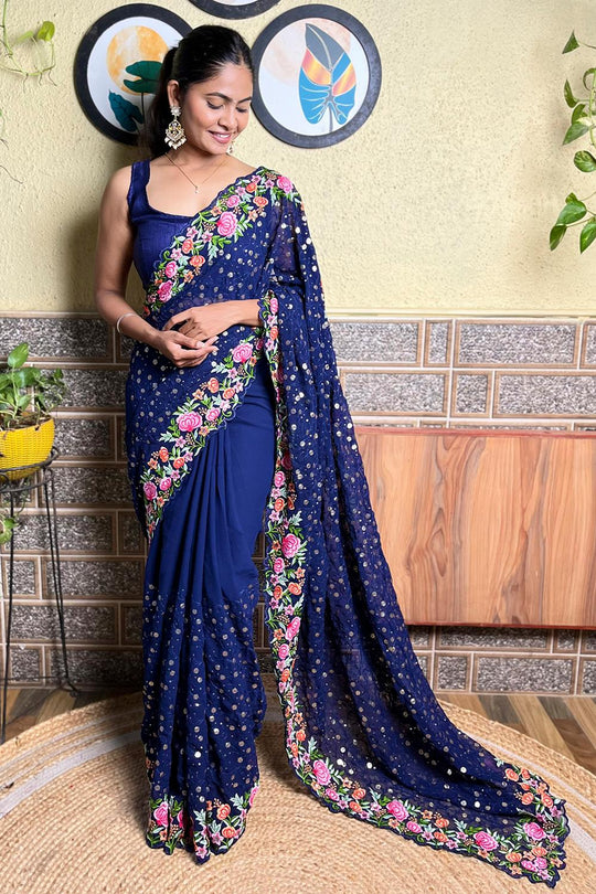 Rishi Navy Blue Georgette Floral Embellished Ready to Wear Saree