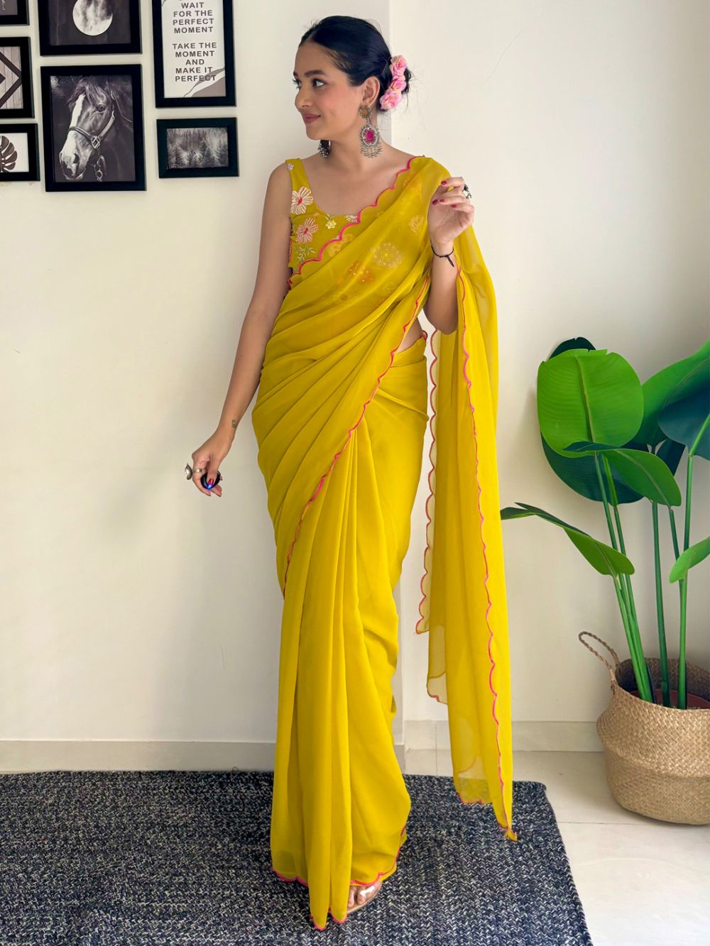 Keisha Mustard Yellow Georgette Sequins One Minute Saree