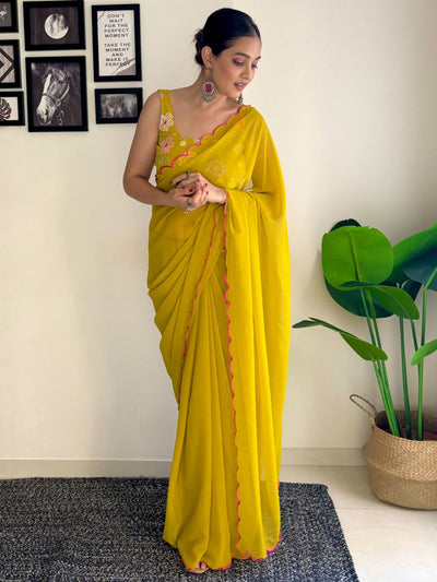 Keisha Mustard Yellow Georgette Sequins One Minute Saree