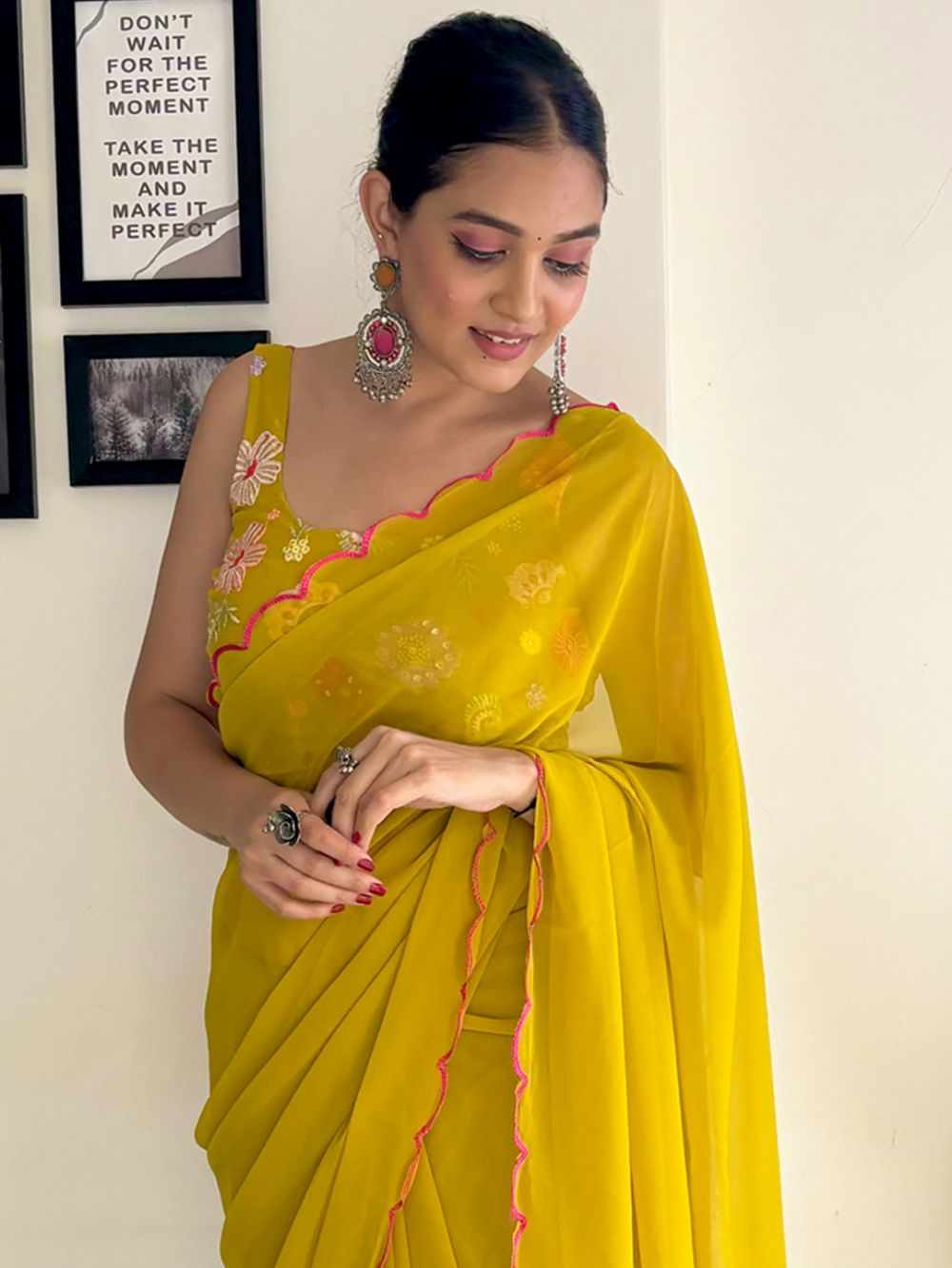 Keisha Mustard Yellow Georgette Sequins One Minute Saree