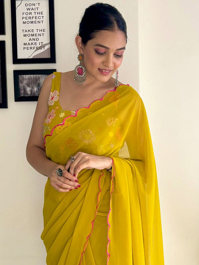 Keisha Mustard Yellow Georgette Sequins One Minute Saree