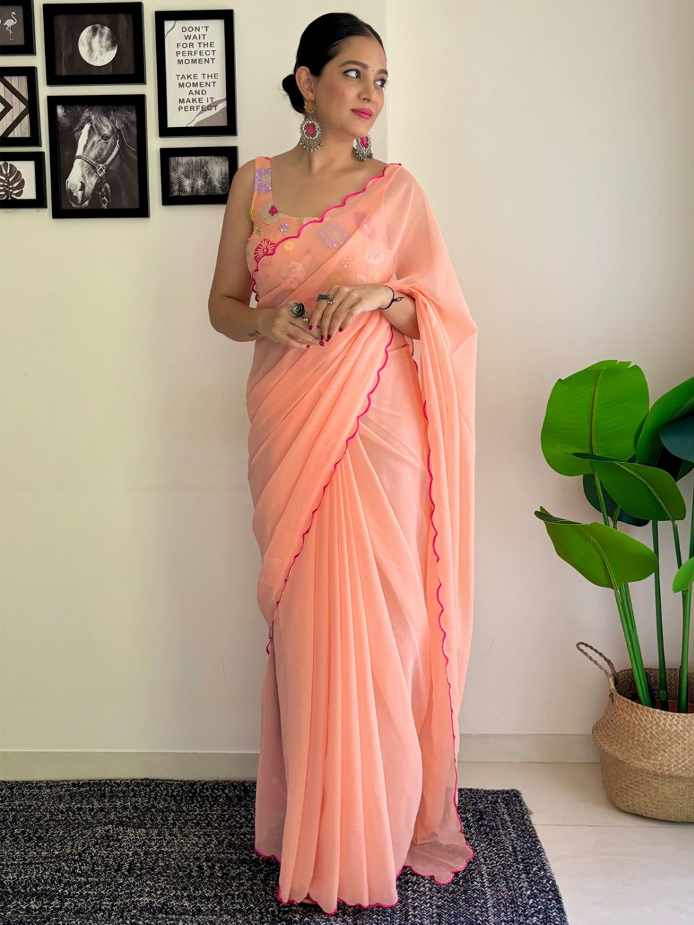 Keisha Peach Georgette Sequins One Minute Saree