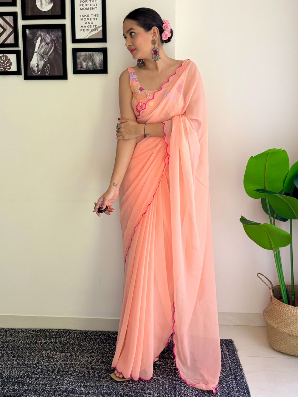 Keisha Peach Georgette Sequins One Minute Saree