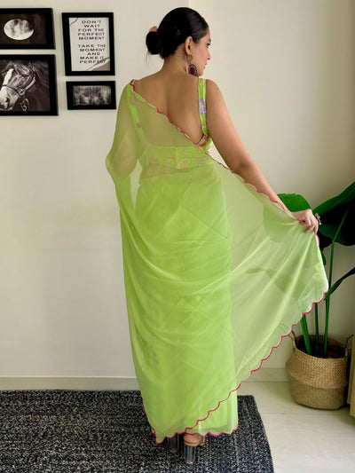 Keisha Lime Green Georgette Sequins One Minute Saree