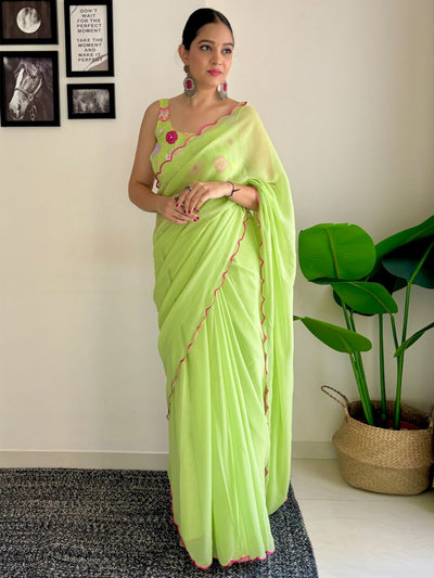 Keisha Lime Green Georgette Sequins One Minute Saree