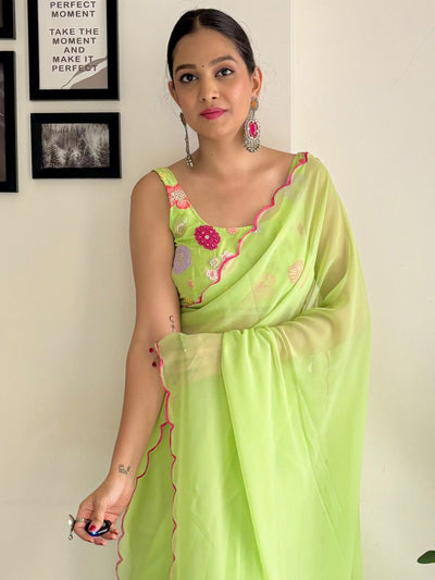 Keisha Lime Green Georgette Sequins One Minute Saree