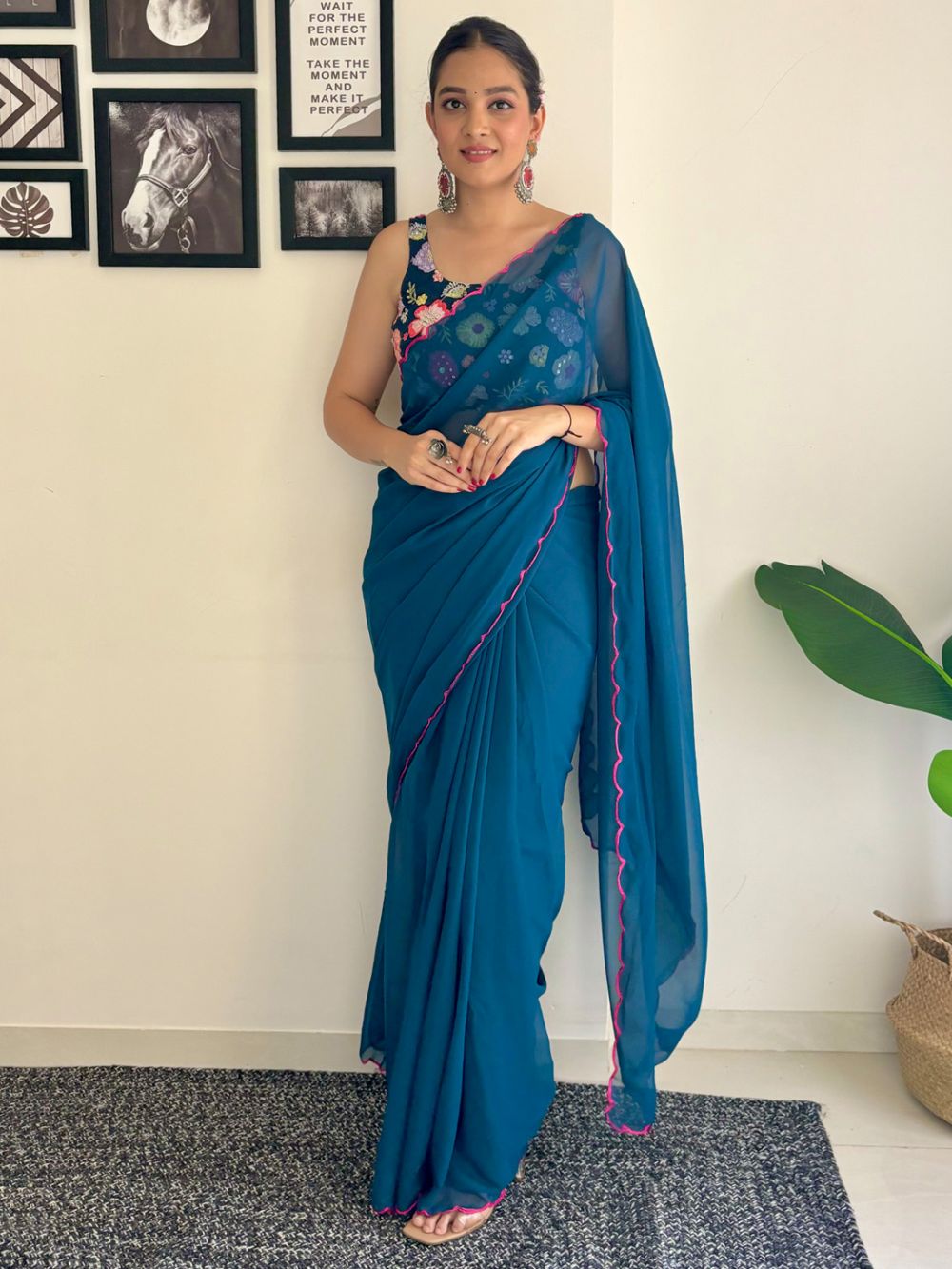 Keisha Turquoise Georgette Sequins One Minute Saree
