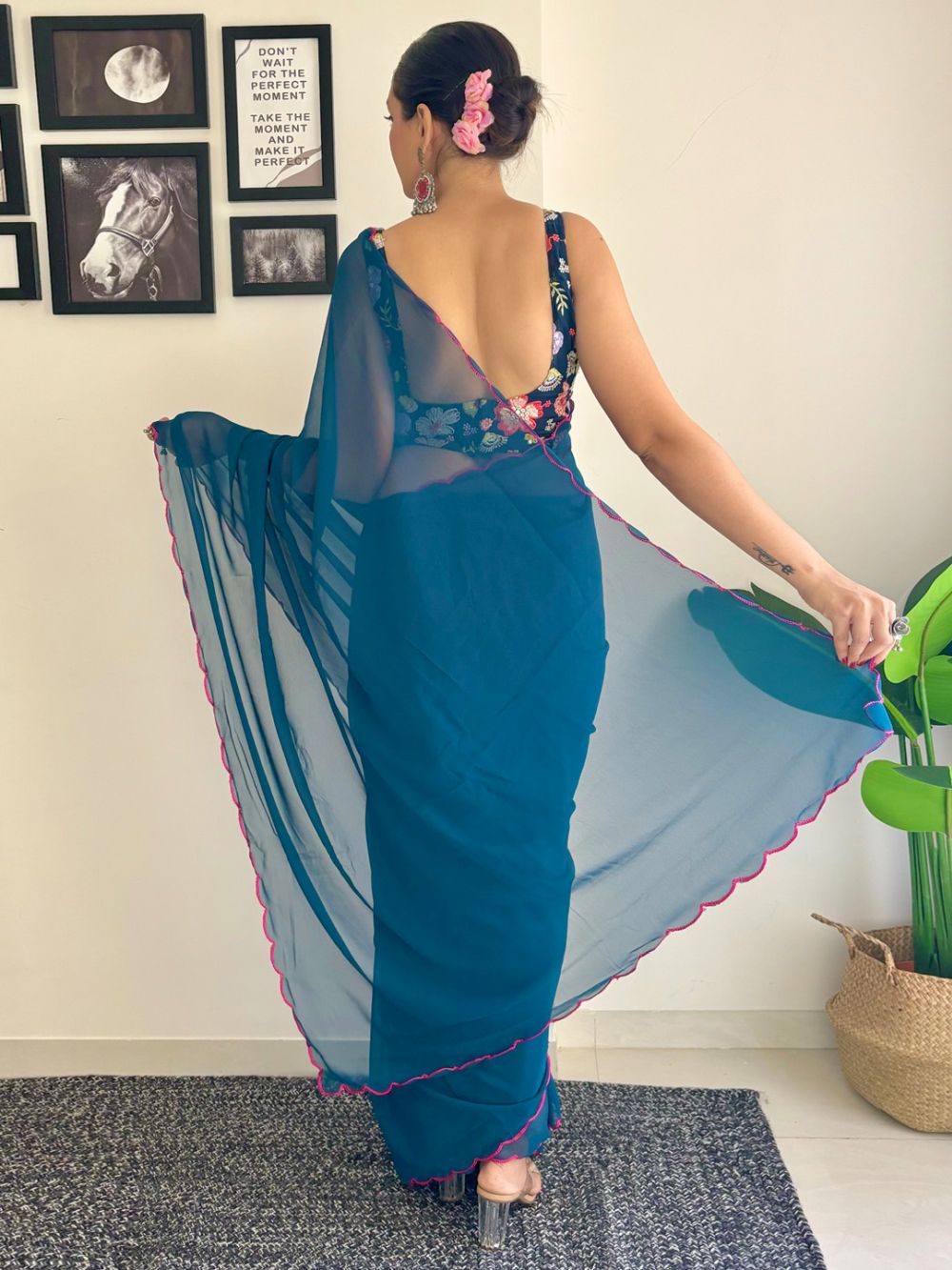 Keisha Turquoise Georgette Sequins One Minute Saree