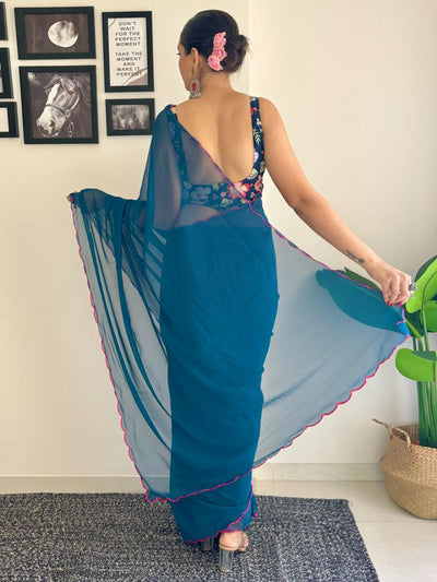 Keisha Turquoise Georgette Sequins One Minute Saree