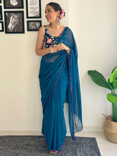 Keisha Turquoise Georgette Sequins One Minute Saree