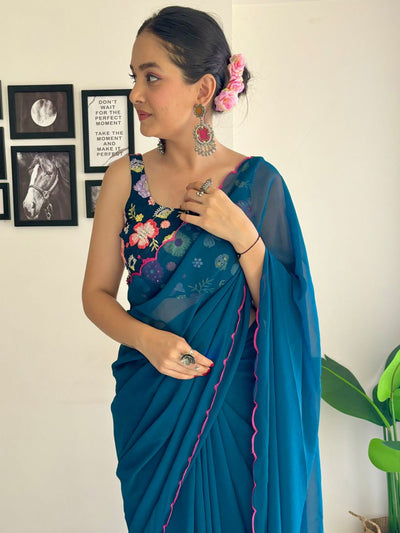 Keisha Turquoise Georgette Sequins One Minute Saree