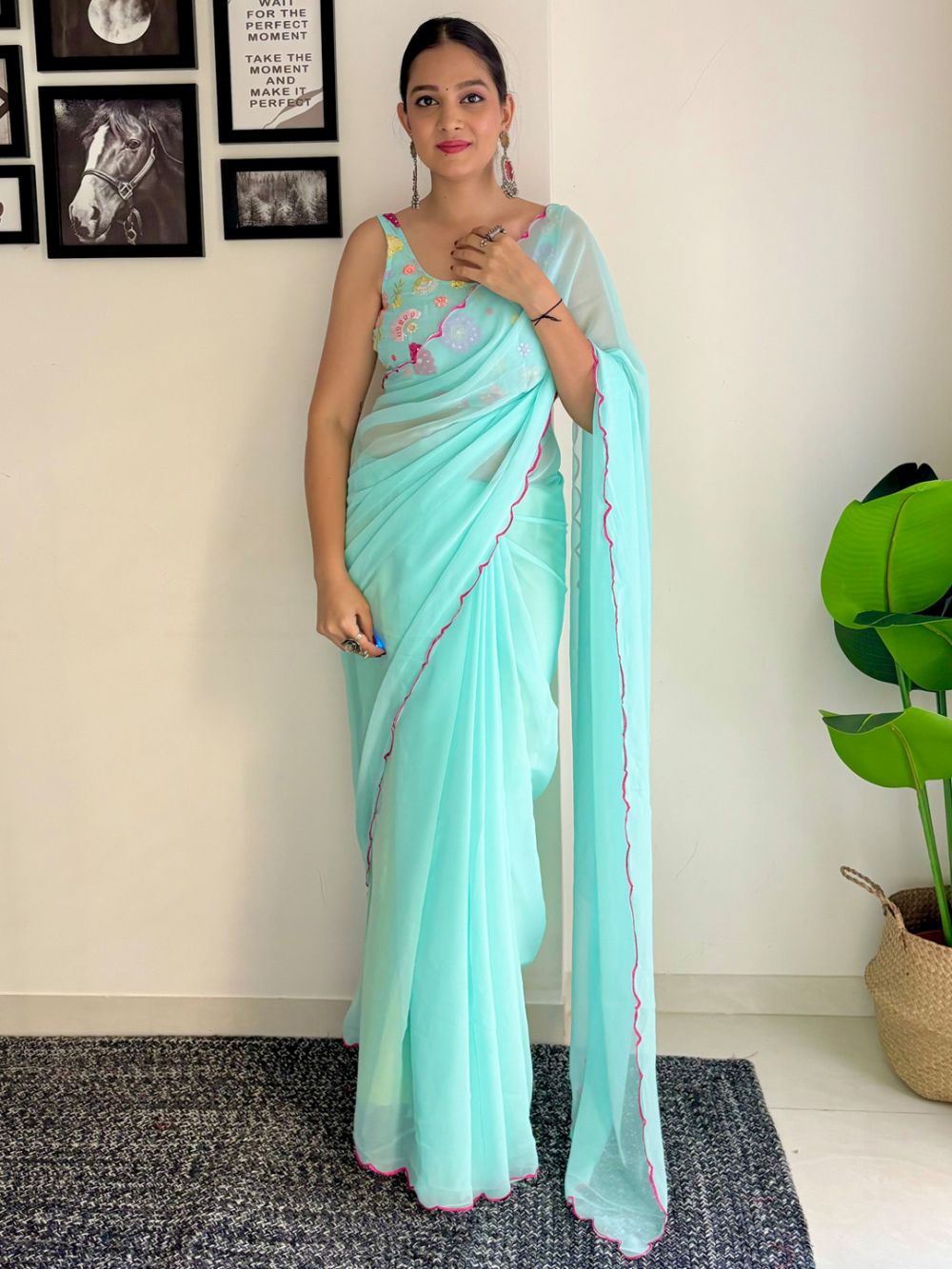 Keisha Aqua Blue Georgette Sequins One Minute Saree