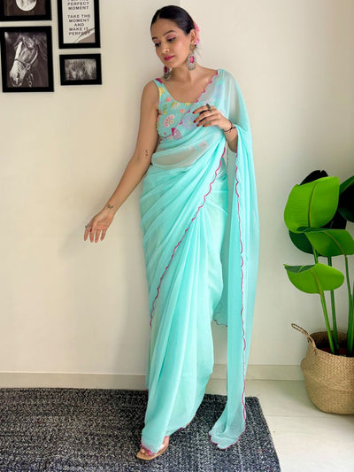 Keisha Aqua Blue Georgette Sequins One Minute Saree