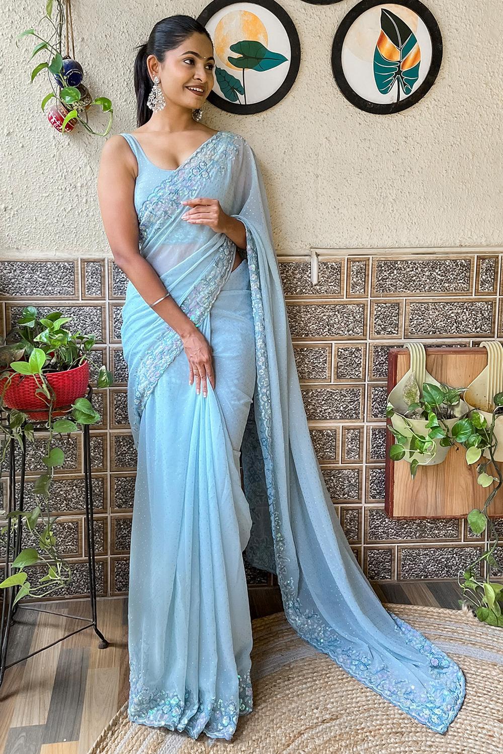Tania Light Blue Georgette Embellished Ready to Wear One Minute Saree