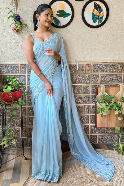 Tania Light Blue Georgette Embellished Ready to Wear One Minute Saree
