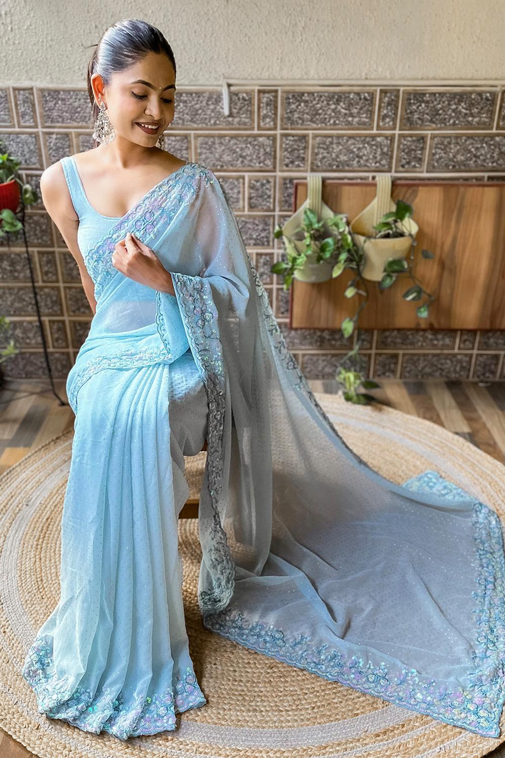 Tania Light Blue Georgette Embellished Ready to Wear One Minute Saree