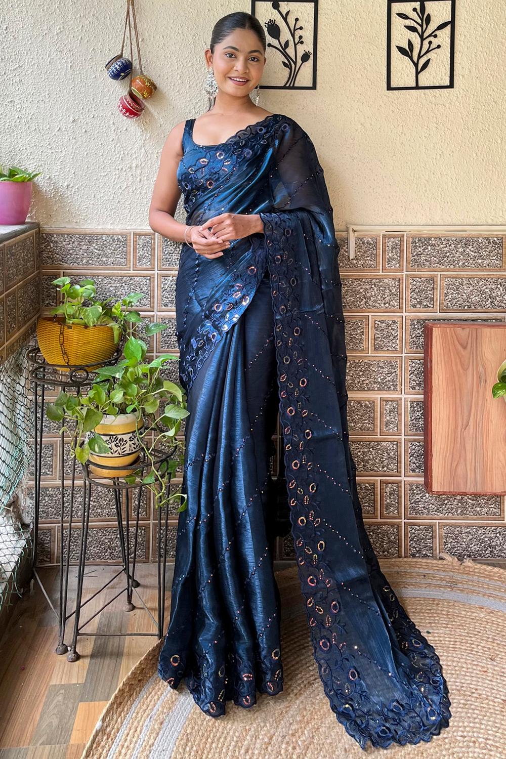 Buy Kesari Navy Blue Organza Embellished Ready to Wear One Minute Saree