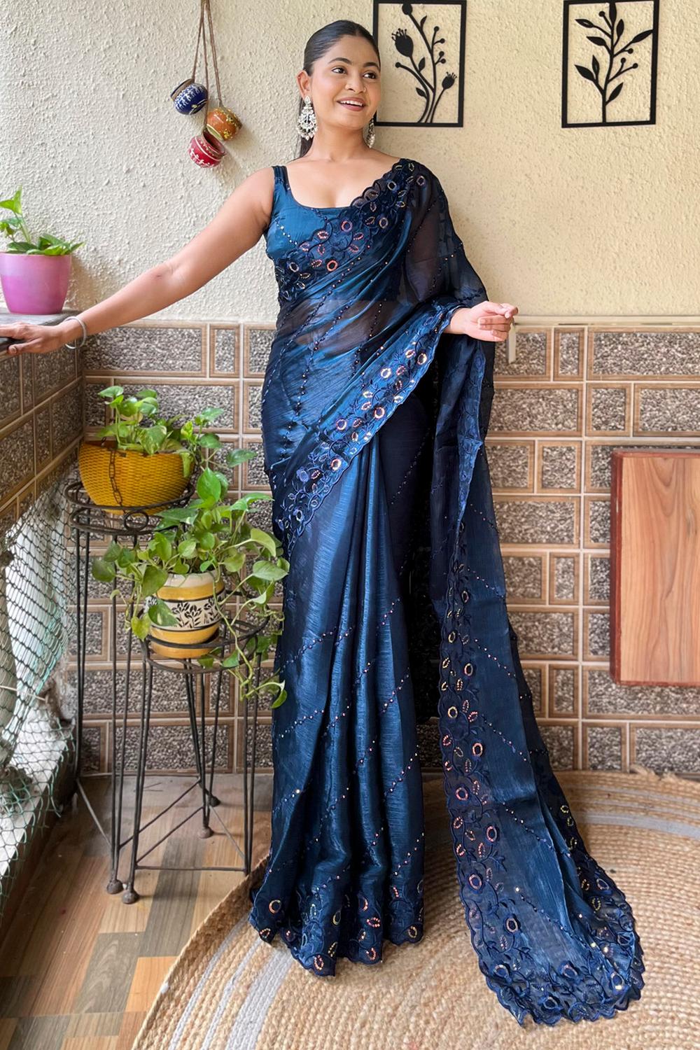 Kara Navy Blue Organza Embellished Ready to Wear One Minute Saree