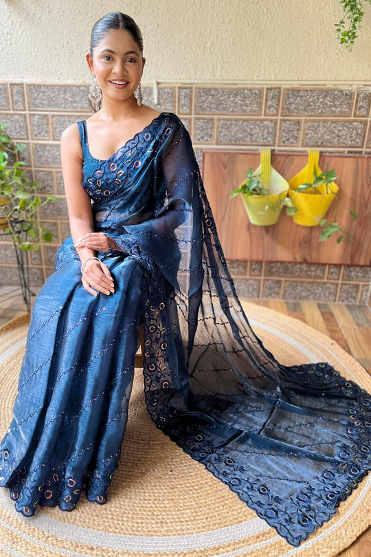 Kara Navy Blue Organza Embellished Ready to Wear One Minute Saree