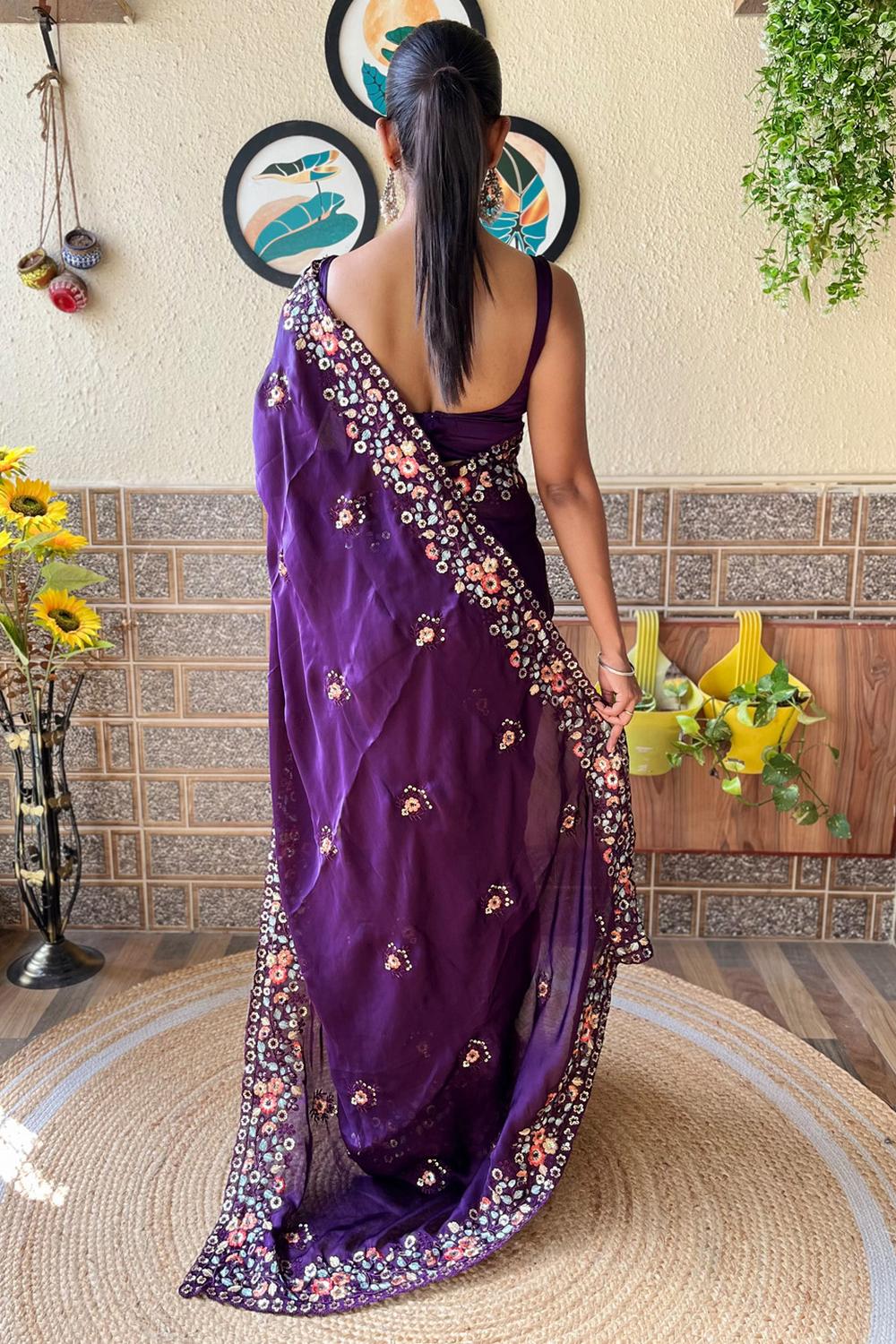Peony Purple Chiffon Embroidered Ready to Wear One Minute Saree
