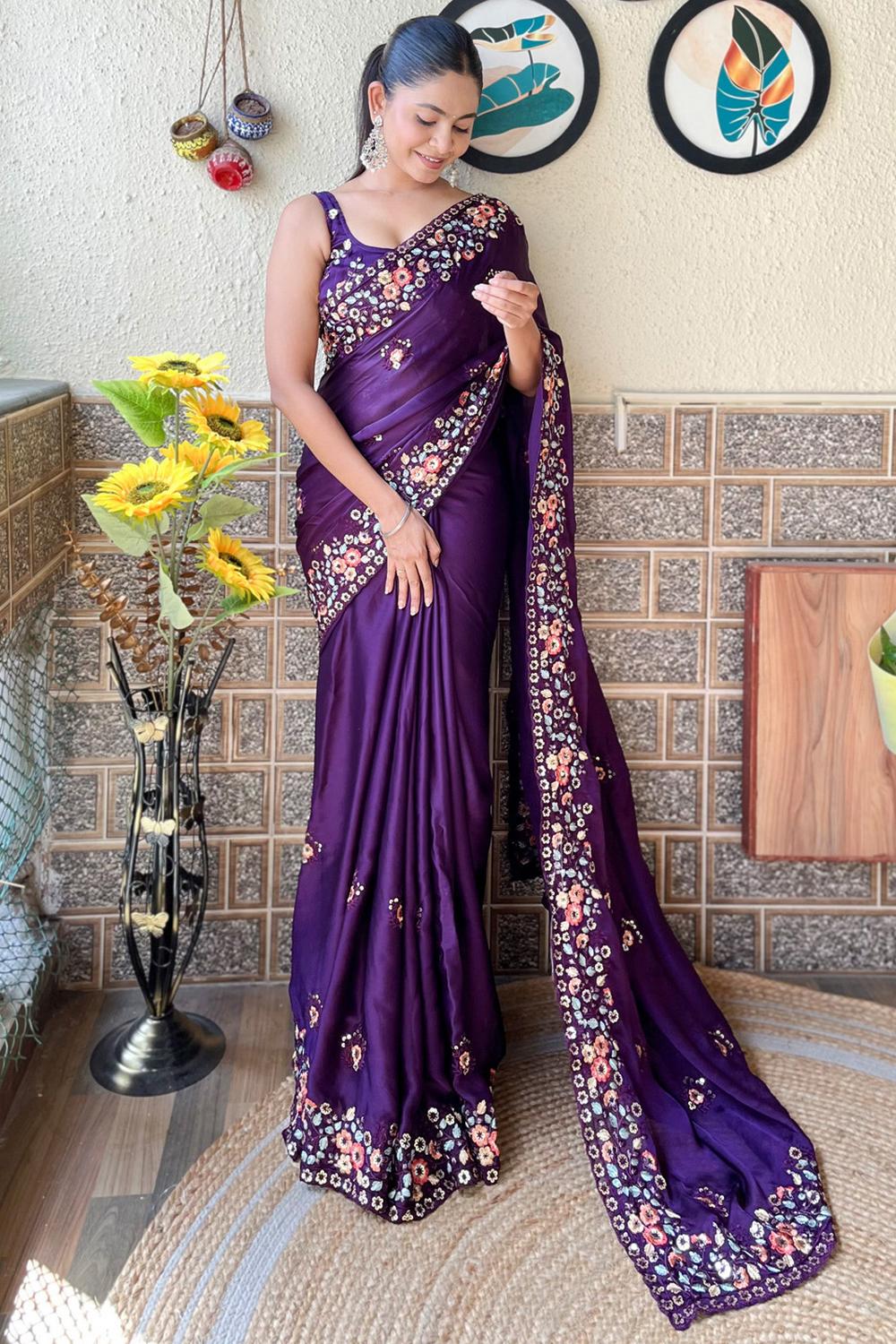 Peony Purple Chiffon Embroidered Ready to Wear One Minute Saree