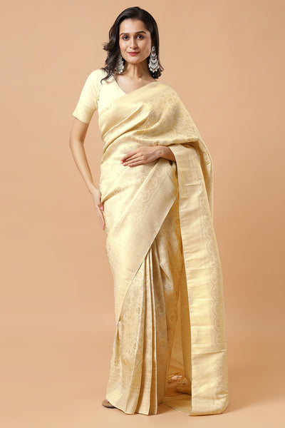 Kayli Cream Silk Blend Floral Banarasi One Minute Saree