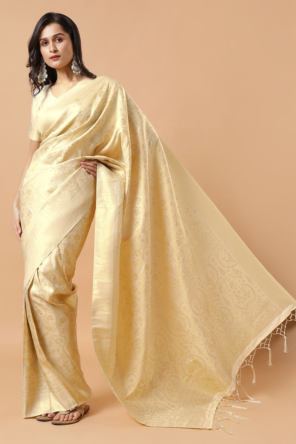 Kayli Cream Silk Blend Floral Banarasi One Minute Saree