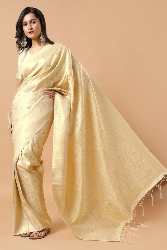 Kayli Cream Silk Blend Floral Banarasi One Minute Saree