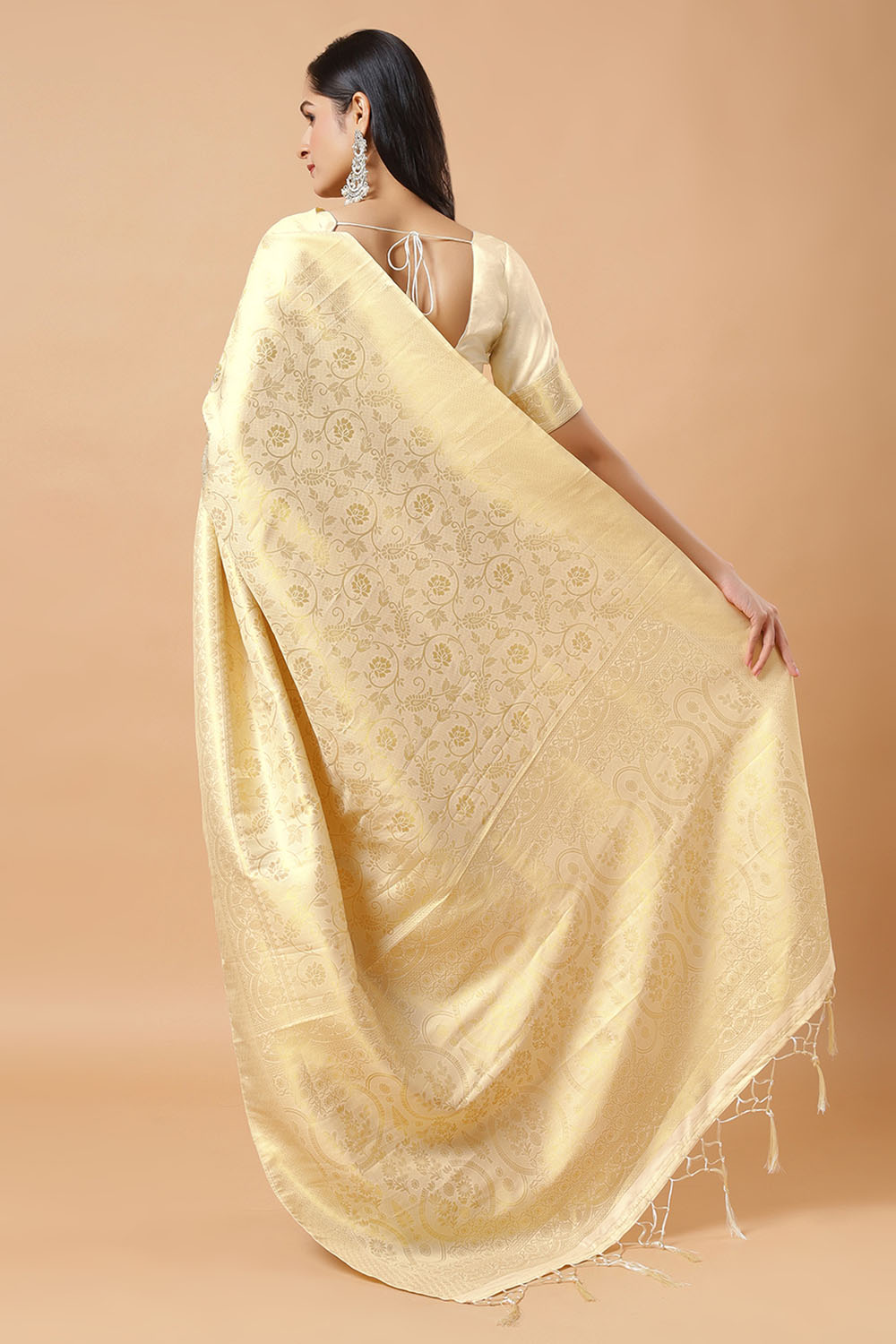 Kayli Cream Silk Blend Floral Banarasi One Minute Saree