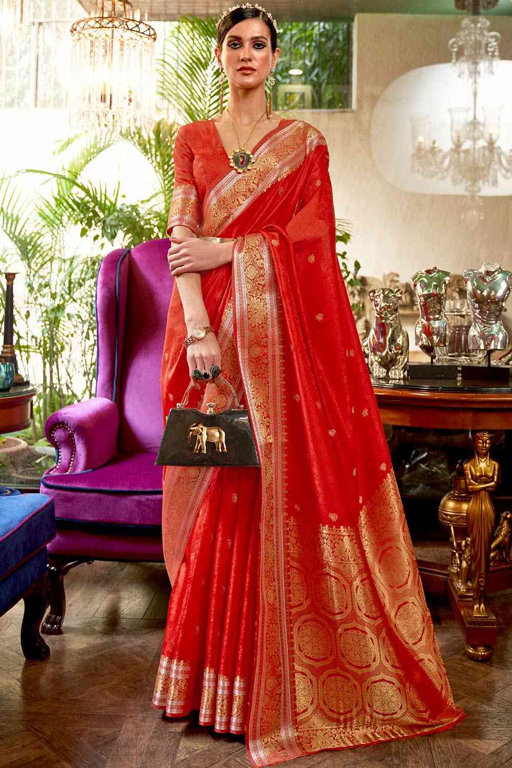 Lorna Red Silk Blend Banarasi One Minute Saree