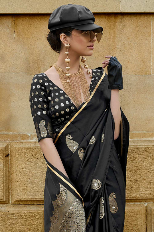 Tina Black Satin Silk Bagh Ready To Wear One Minute Saree