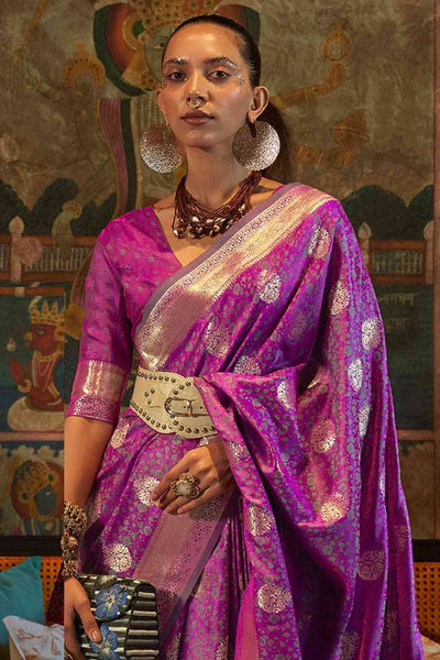 Buy Magenta Art Silk Paisley Design One Minute Saree Online - Front