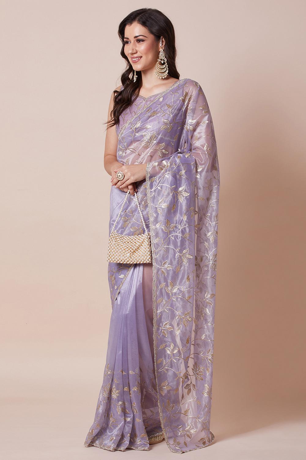 Lila Lavender Net Embellished Party Wear Ready to Wear Saree