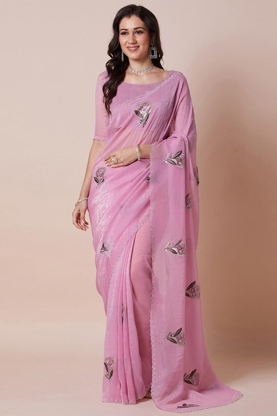 Jini Pink Georgette Floral Embellished Ready to Wear Saree