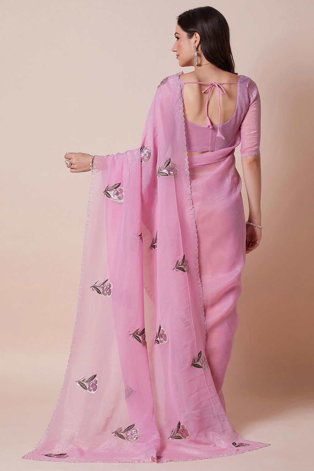 Jini Pink Georgette Floral Embellished Ready to Wear Saree