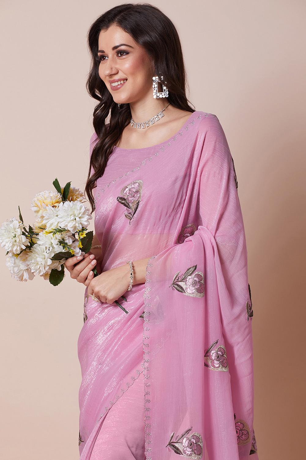 Jini Pink Georgette Floral Embellished Ready to Wear Saree