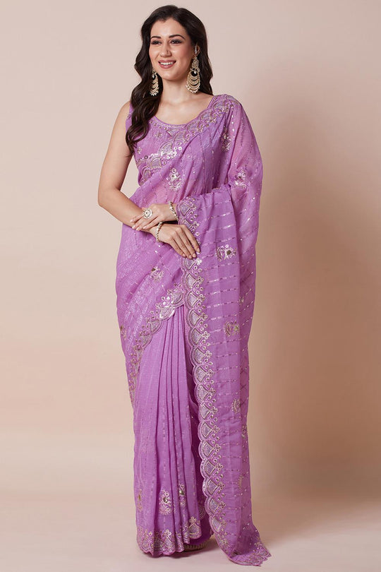 Jini Lavender Georgette Gold Zari Border Embellished Ready to Wear Saree