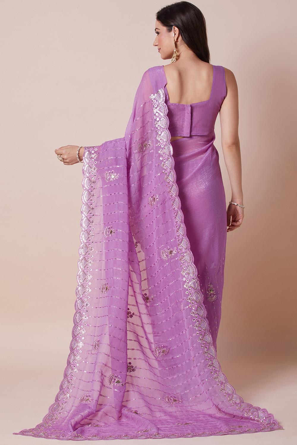 Jini Lavender Georgette Gold Zari Border Embellished Ready to Wear Saree