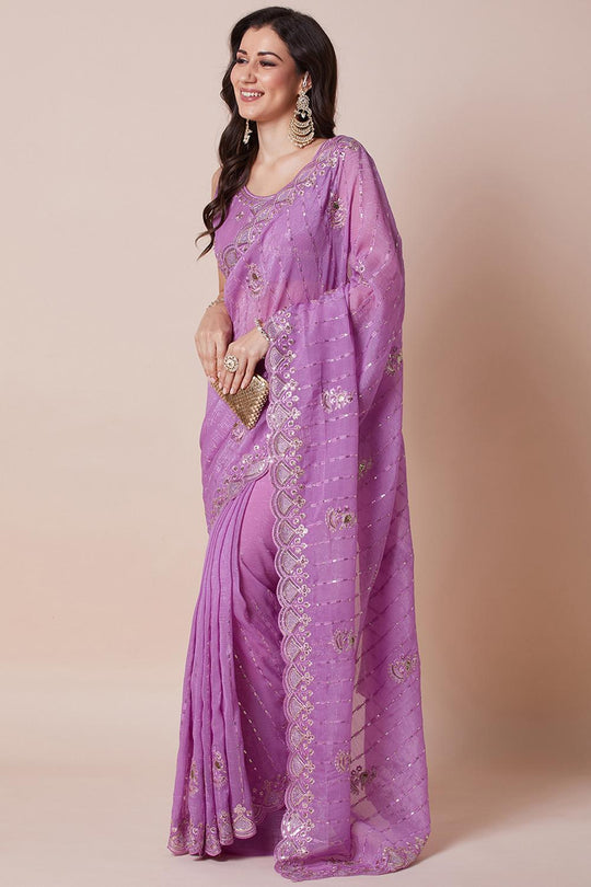 Jini Lavender Georgette Gold Zari Border Embellished Ready to Wear Saree