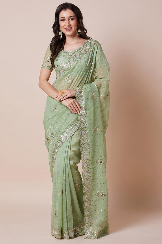 Jini Light Green Georgette Gold Zari Border Embellished Ready to Wear Saree