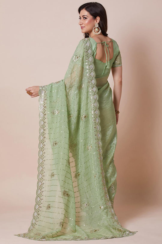 Jini Light Green Georgette Gold Zari Border Embellished Ready to Wear Saree