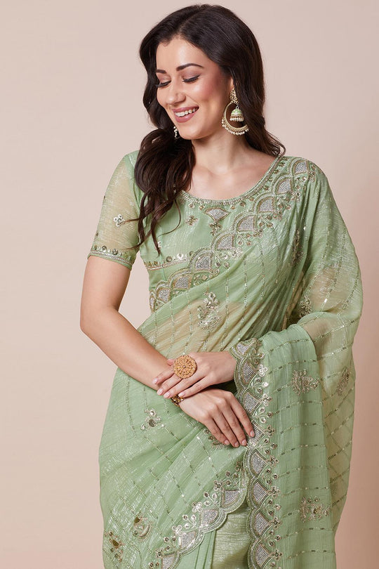 Jini Light Green Georgette Gold Zari Border Embellished Ready to Wear Saree