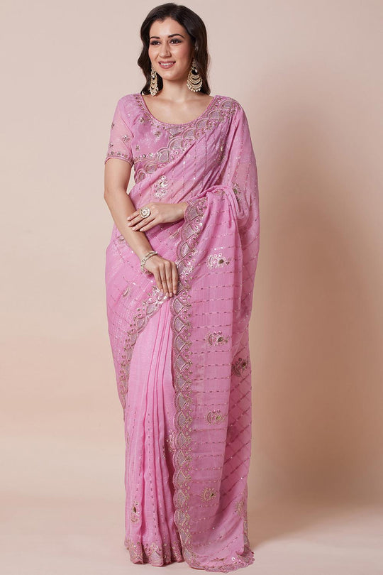 Jini Pink Georgette Gold Zari Border Embellished Ready to Wear Saree