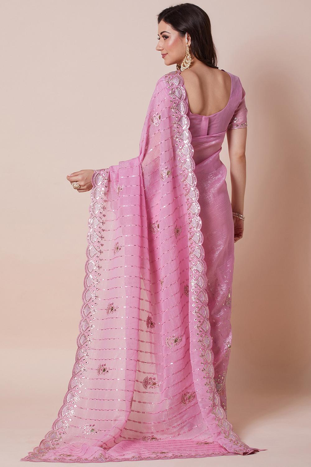 Jini Pink Georgette Gold Zari Border Embellished Ready to Wear Saree