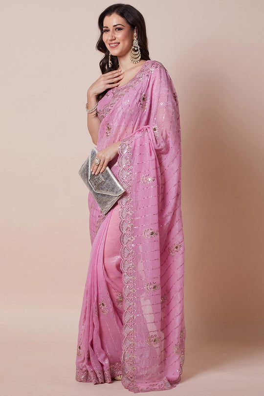 Jini Pink Georgette Gold Zari Border Embellished Ready to Wear Saree