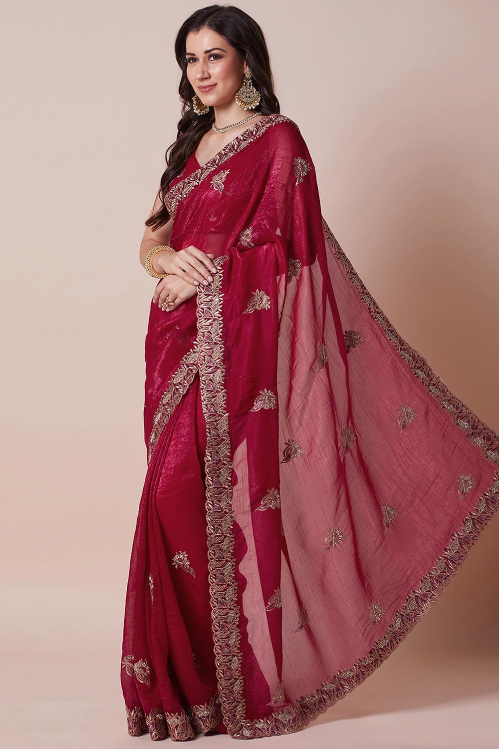 Anisa Rani Pink Satin Silk Zari Embellished Ready to Wear Saree
