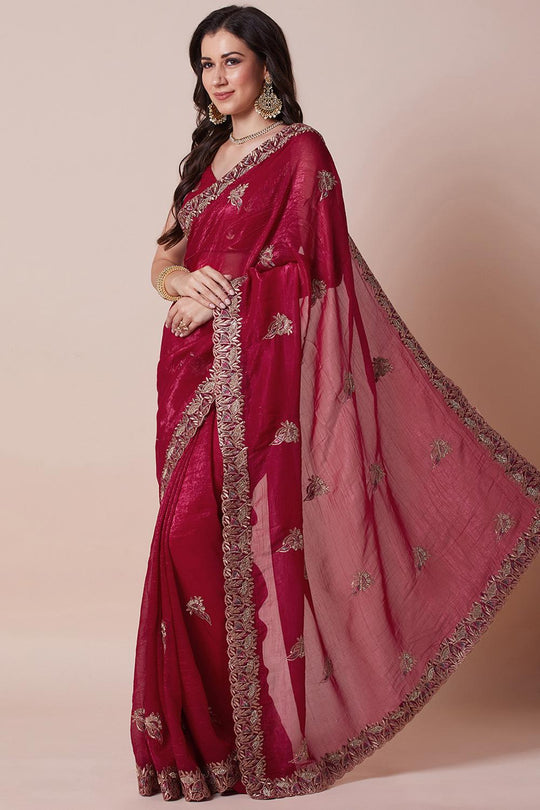 Anisa Rani Pink Satin Silk Zari Embellished Ready to Wear Saree