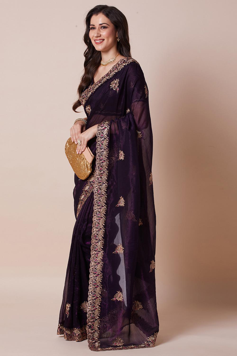 Anisa Purple Satin Zari Silk Embellished Ready to Wear Saree
